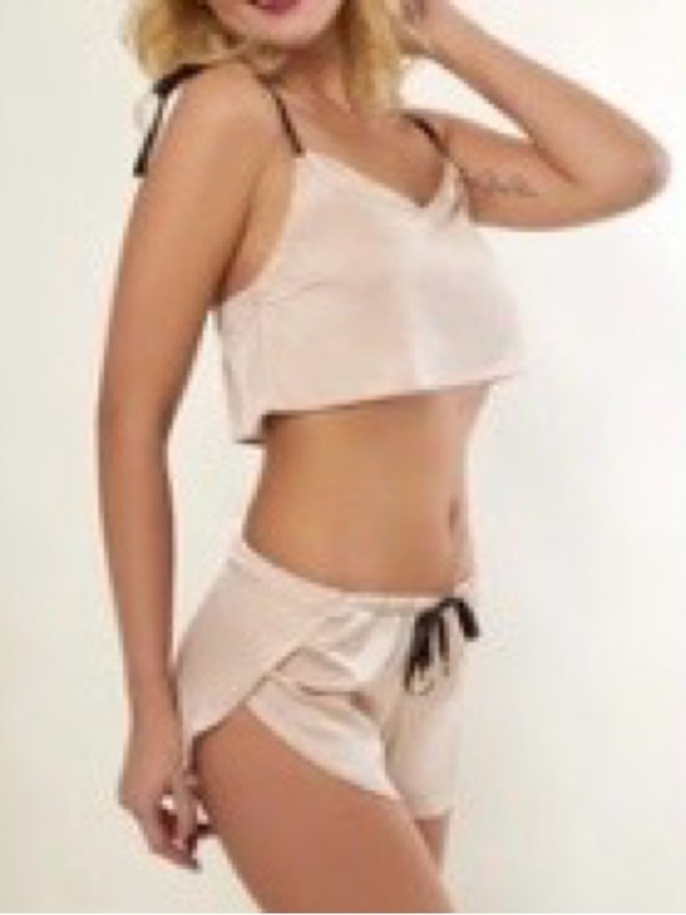 Silk satin pajama set, cropped ribbon tie straps cami & mini shorts, beige brown
